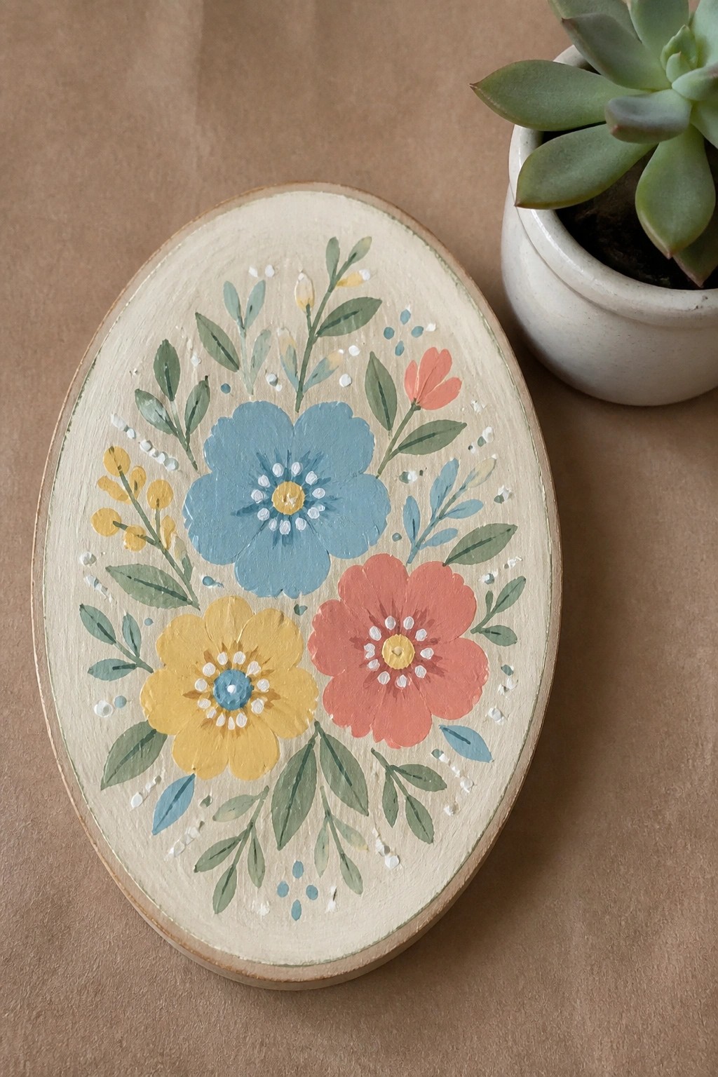 An oval wooden plaque painted with blue, yellow, and coral flowers, green leaves, and scattered dots on a light background, placed beside a small potted succulent.