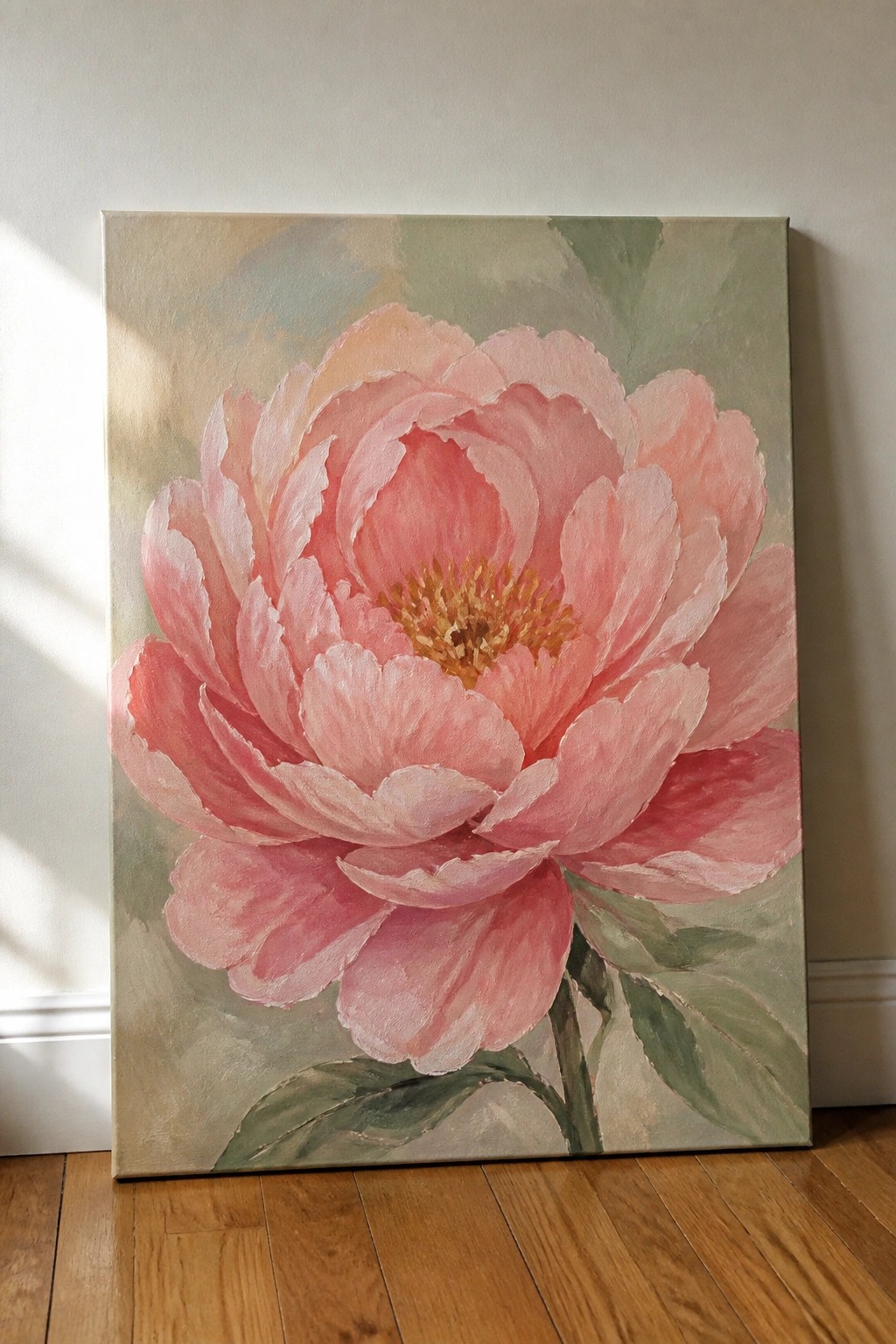 Large pink peony painting with green leaves on canvas against wall on wood floor