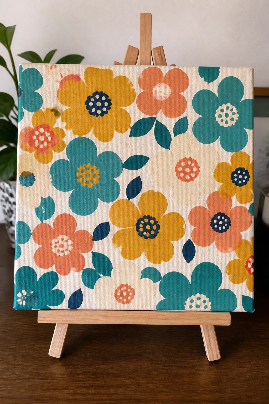 Colorful floral canvas with yellow, orange, and teal flowers on wooden easel.