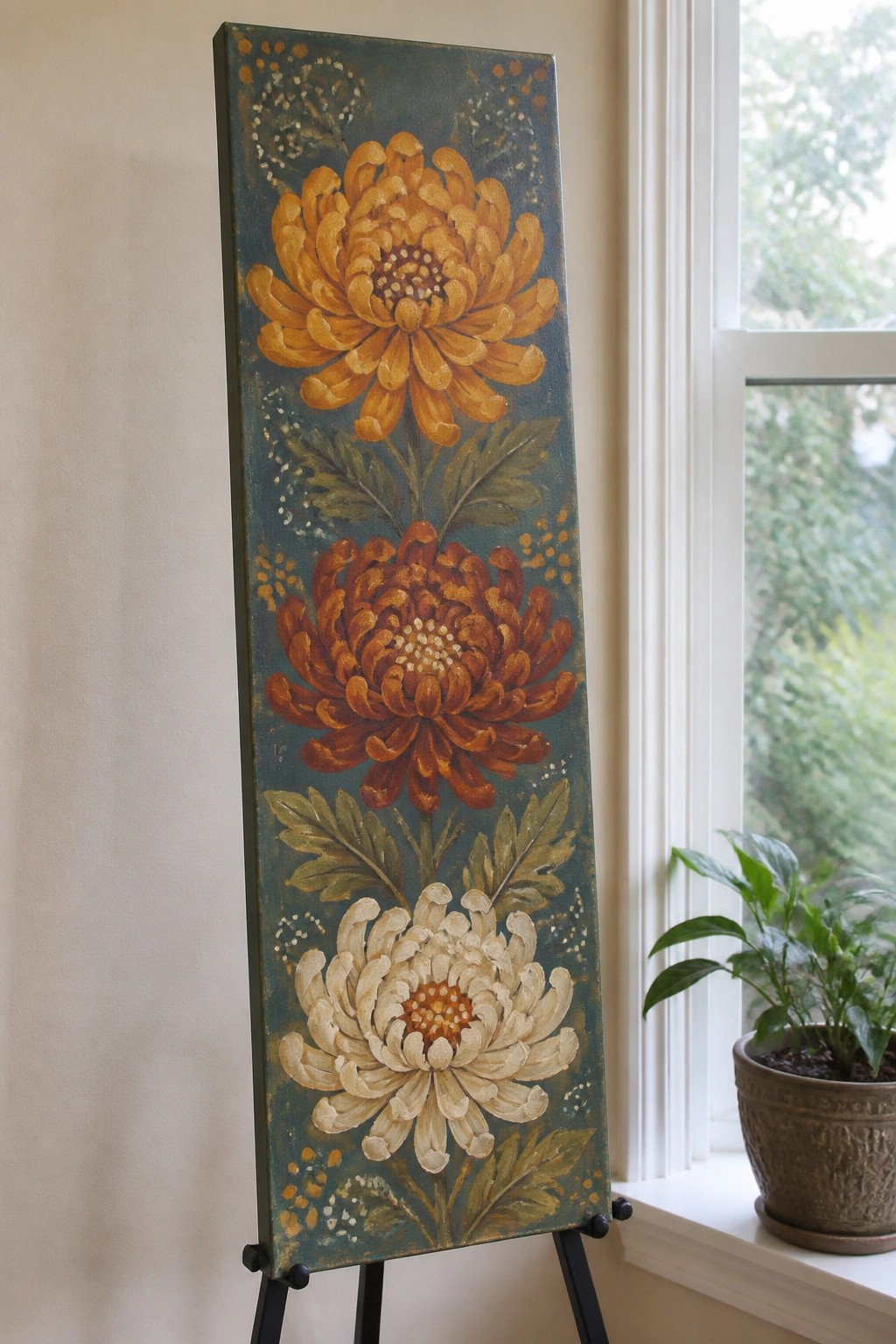 Vertical painting of three colorful chrysanthemums on teal background, displayed on easel.