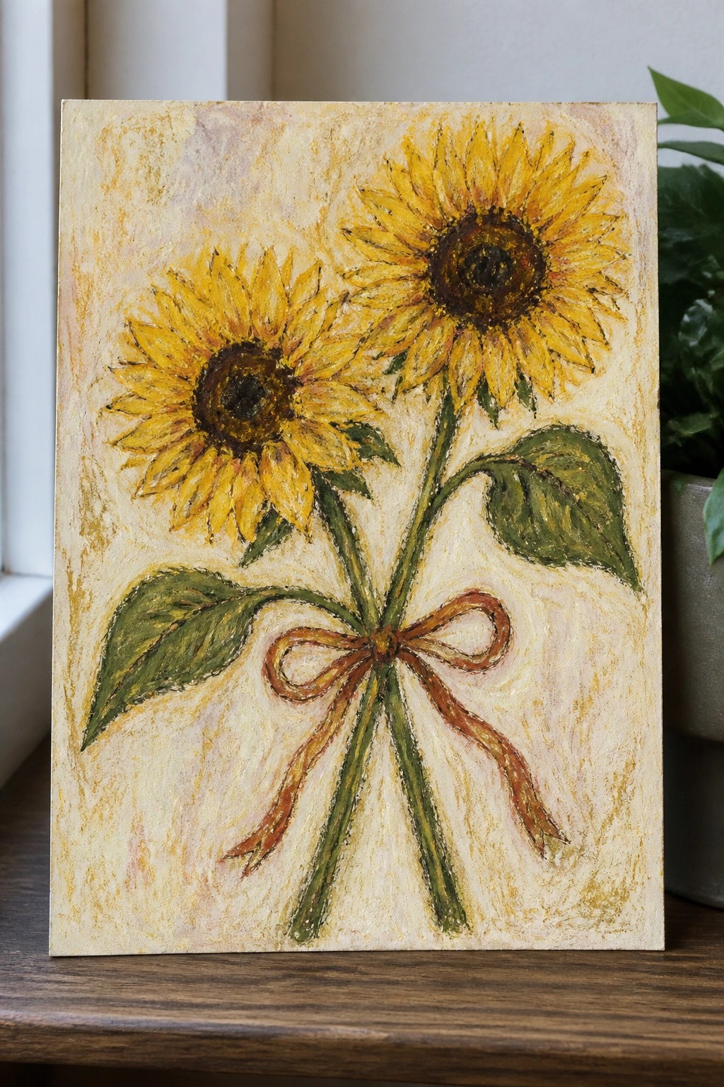 Two yellow sunflowers tied with a brown bow on textured beige background