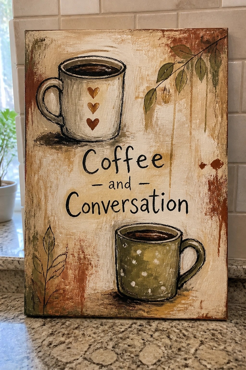 Rustic canvas painting of two coffee mugs, leaves, and