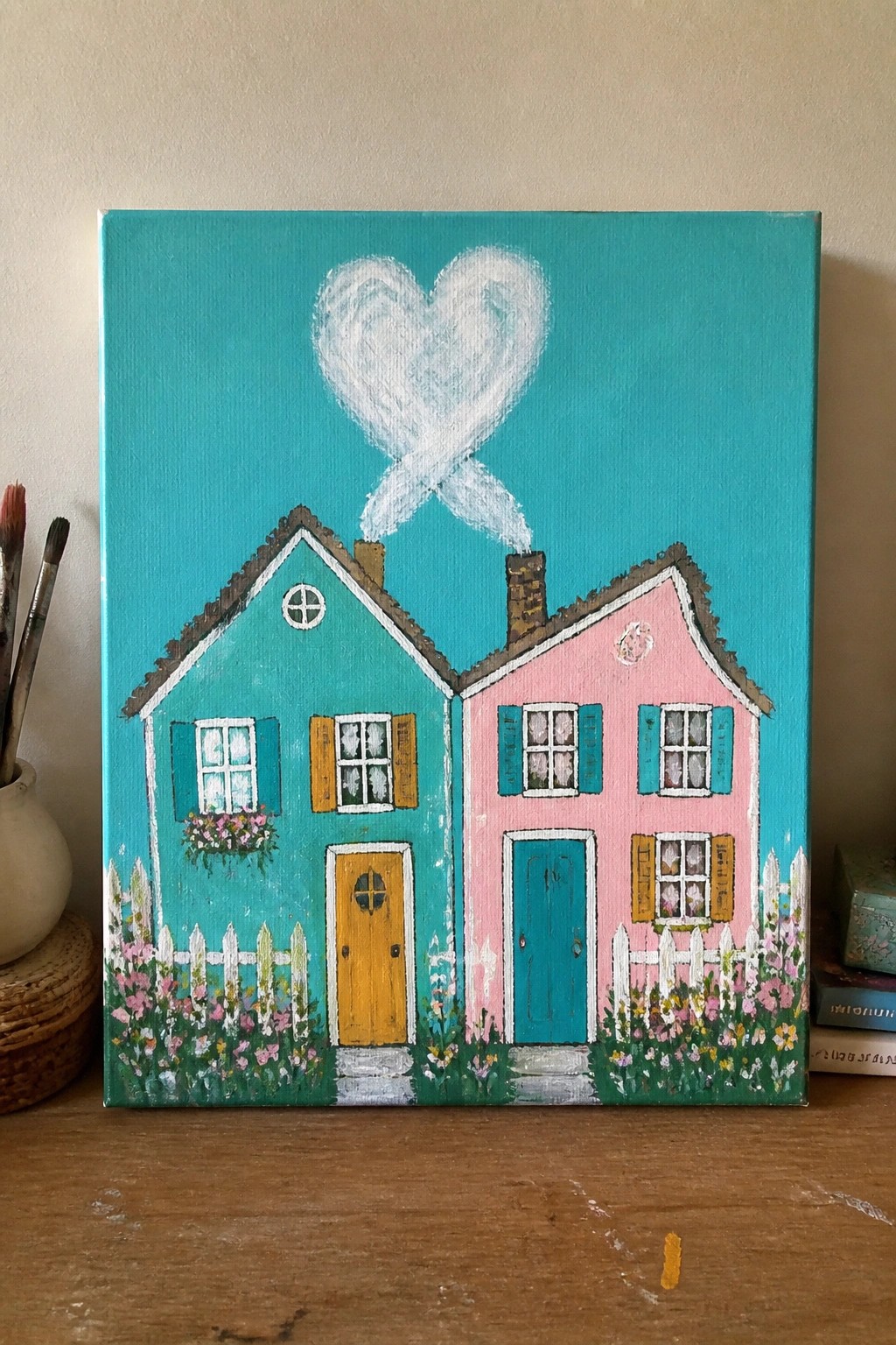 Colorful painting of connected teal and pink houses with flower gardens and white heart above