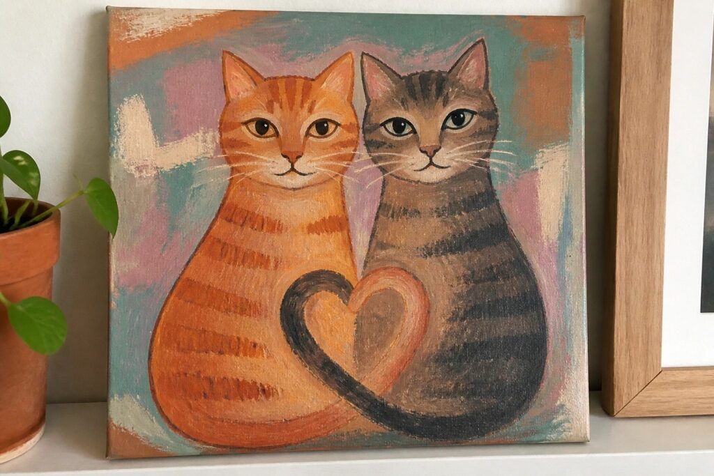 22 Heartwarming Best Friend Canvas Painting Ideas for Meaningful Handmade Art Orange and gray cats side by side, tails forming a heart on colorful canvas