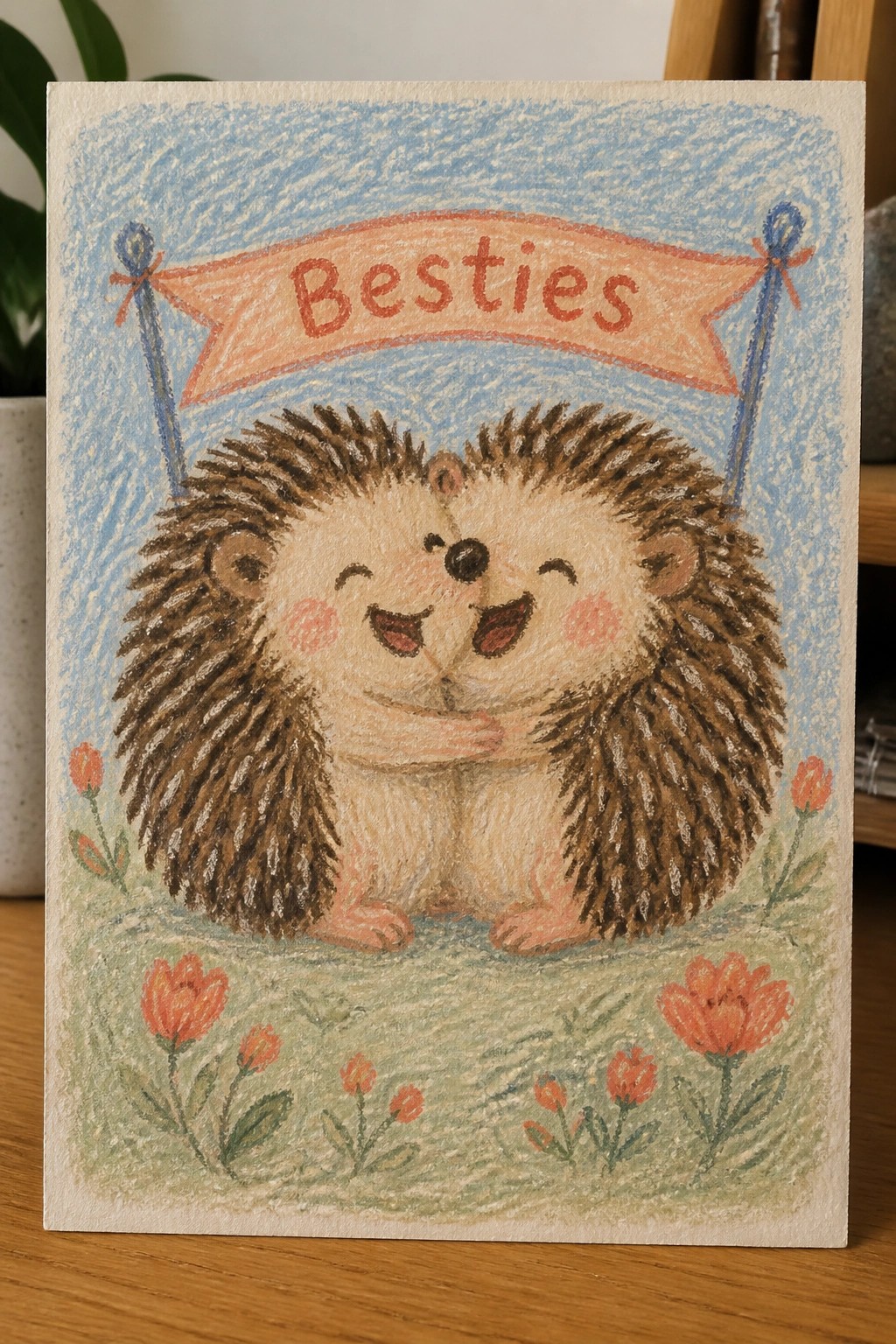Two smiling hedgehogs hugging beneath a
