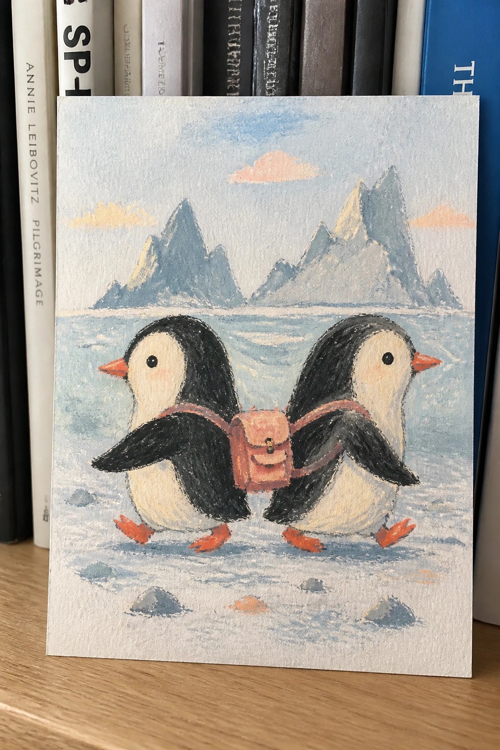 Two penguins share an orange backpack on snowy ground before painted mountains and water.