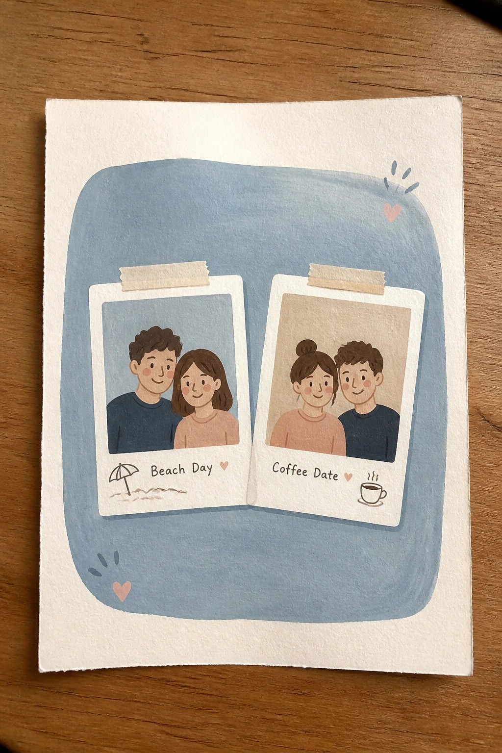 Watercolor illustration of two taped Polaroids showing a couple on beach day and coffee date.