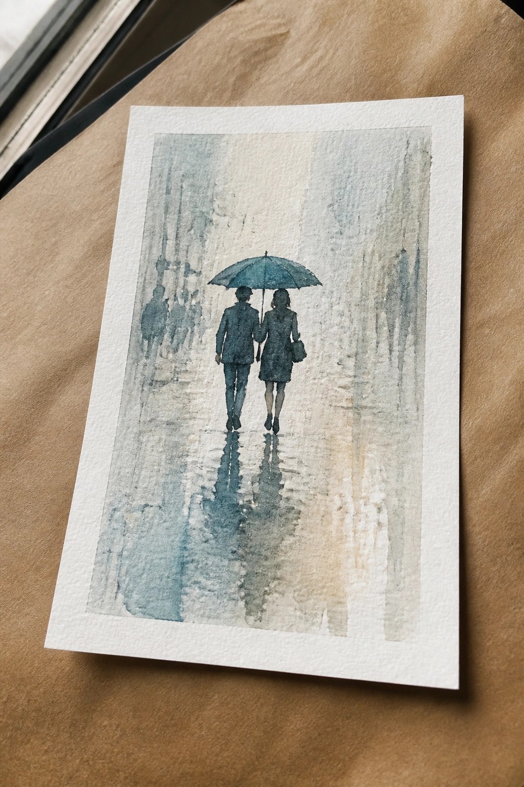Watercolor of couple under teal umbrella walking on rainy reflective street with blurred figures.