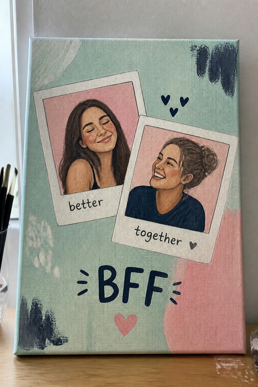 Pastel canvas with two polaroid portraits of smiling women and BFF text.
