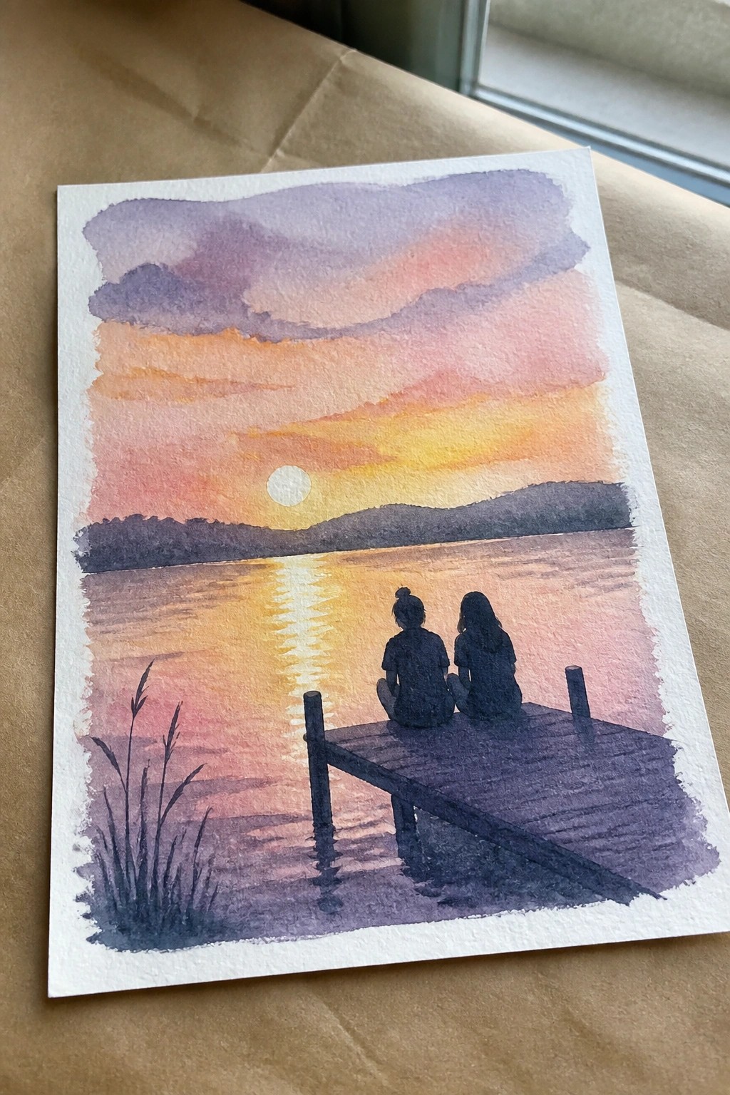 Watercolor sunset with purple clouds, sun reflection on lake, and two dock silhouettes