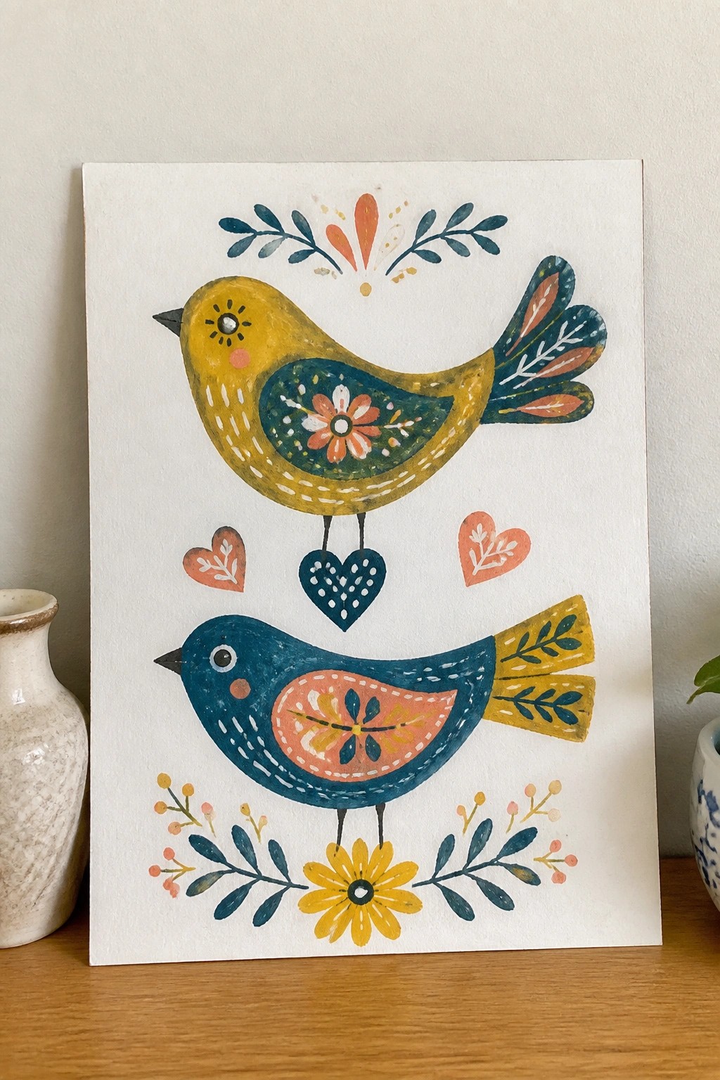 Folk art painting of yellow and blue birds with hearts, flowers, and leaves