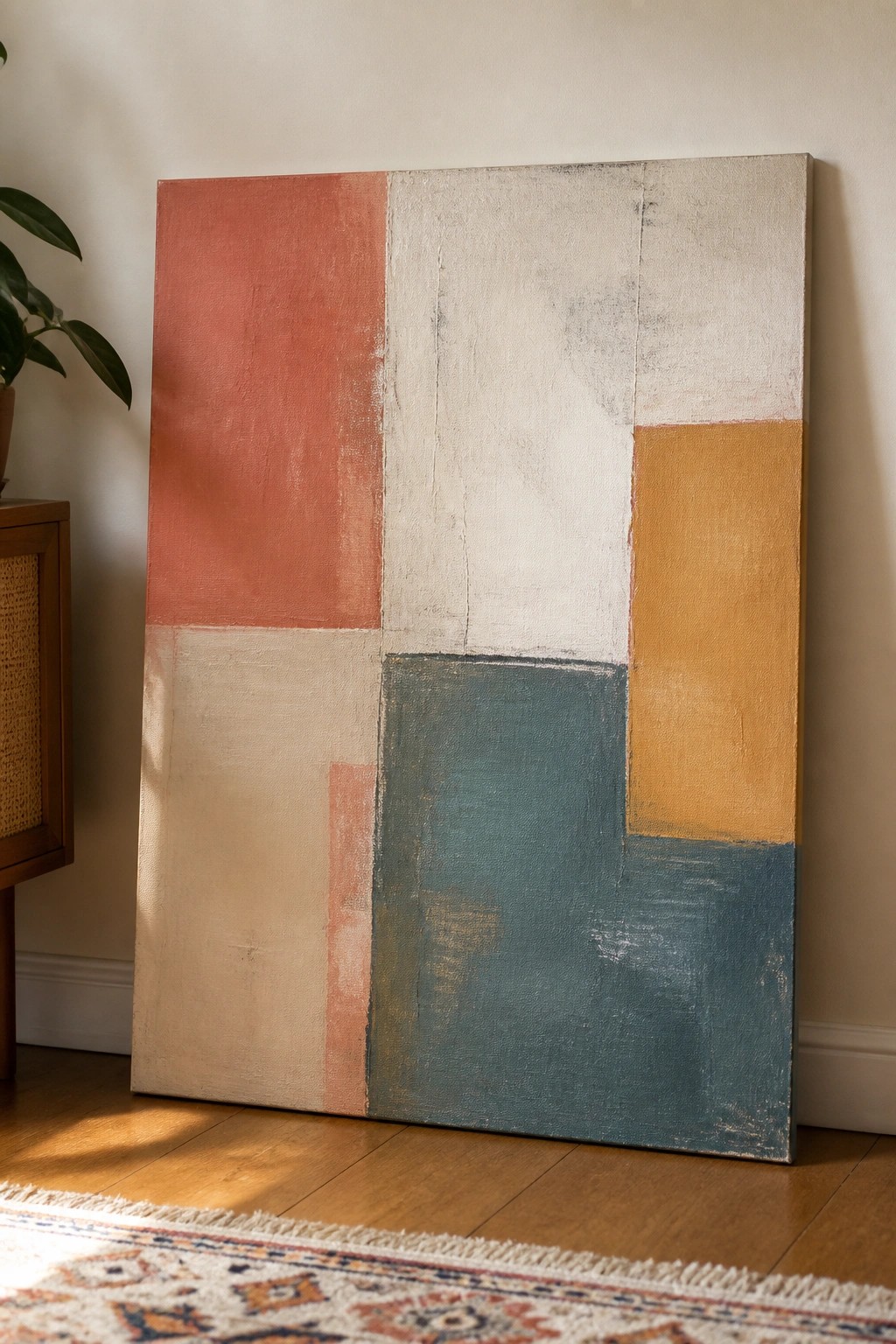 Abstract painting with coral, cream, teal, and mustard geometric blocks on wooden floor