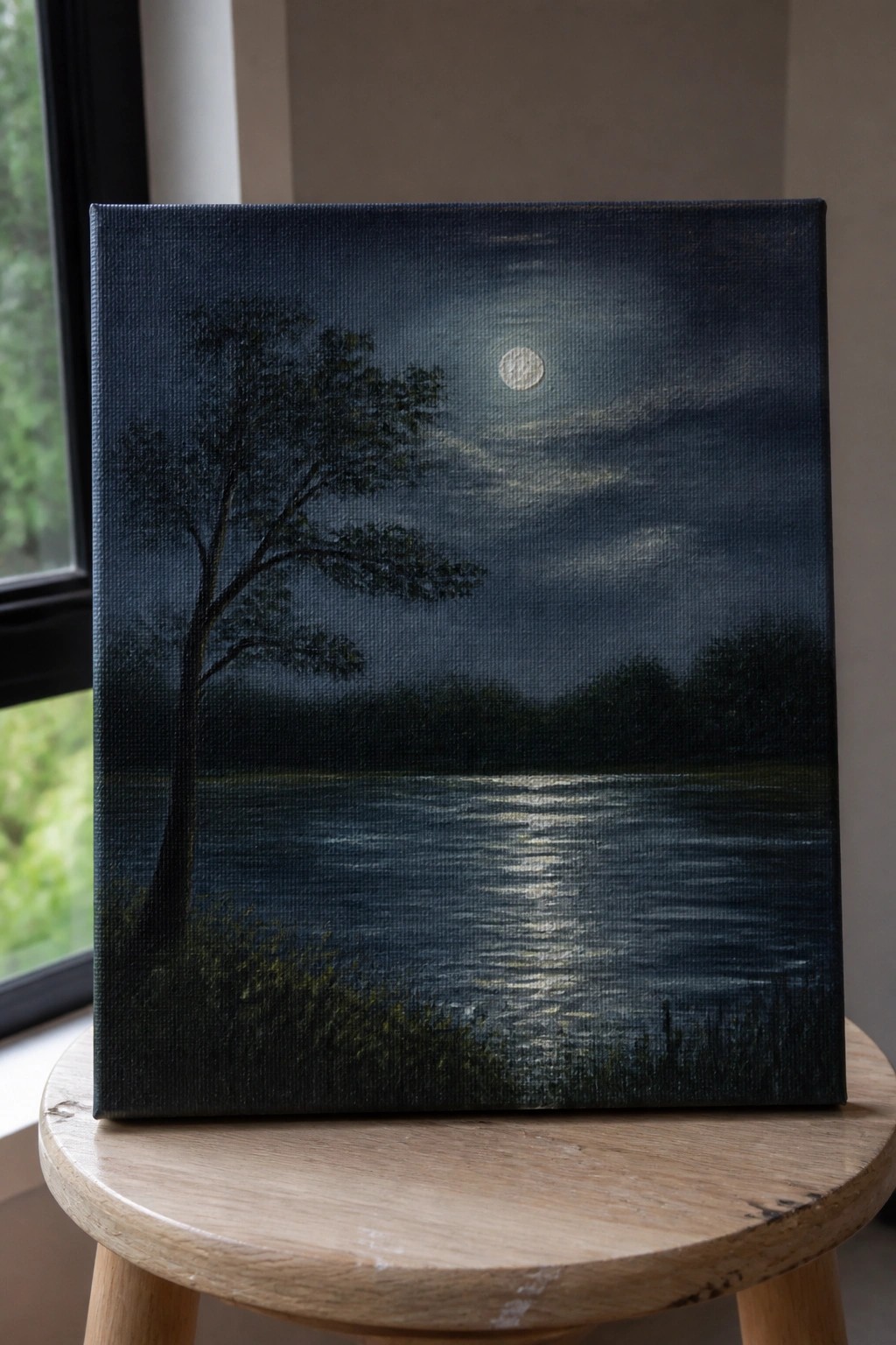 Night landscape painting of moonlit lake and silhouetted tree on wooden stool