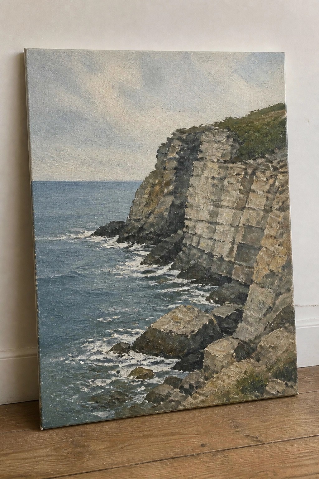 Realistic oil painting of blue ocean waves crashing against rocky cliffs indoors