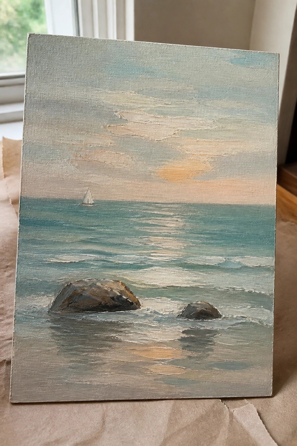 Oil painting of ocean waves, rocks, distant sailboat, and sunset sky with clouds.