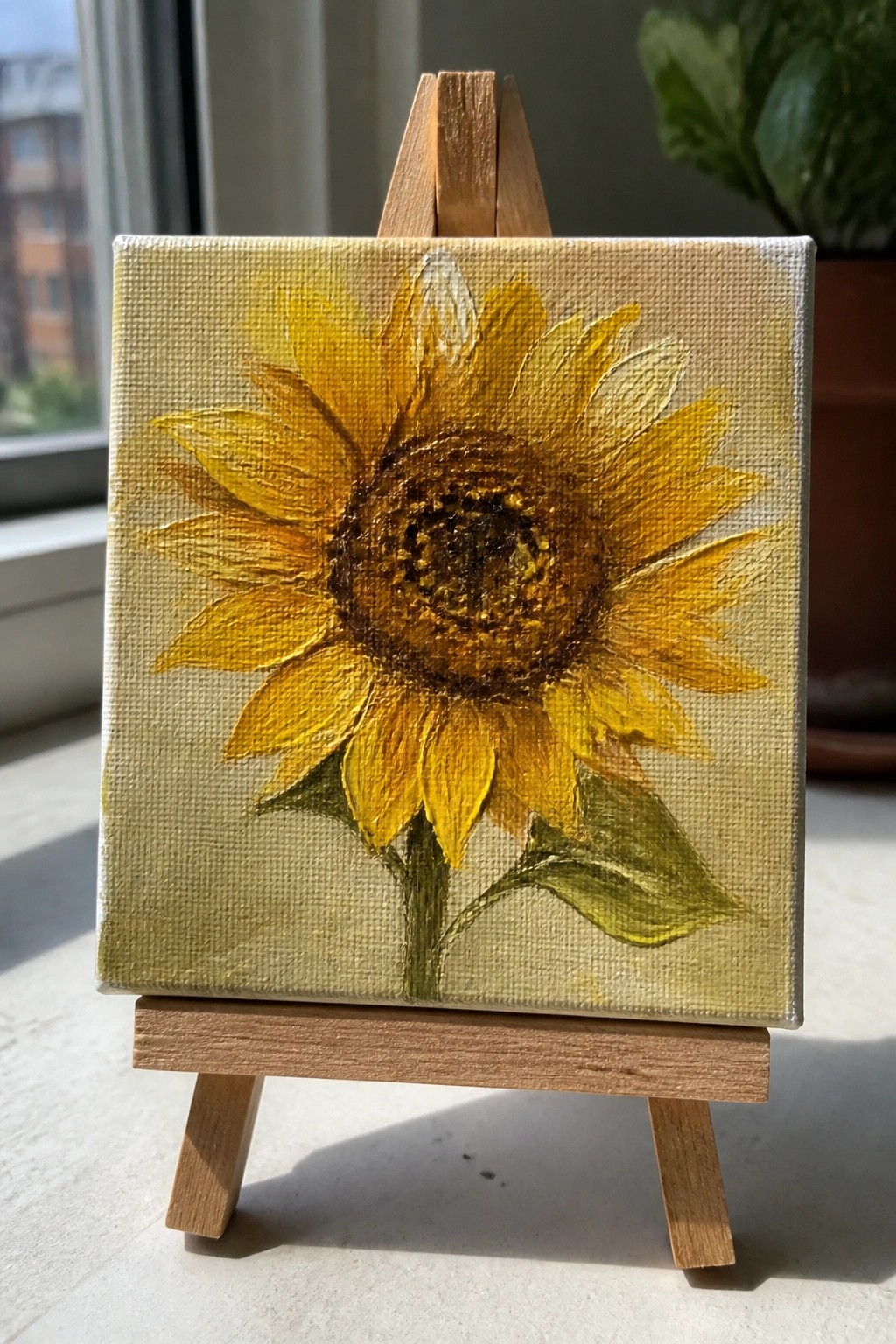 Vibrant yellow sunflower painting on small canvas atop wooden easel with brown center