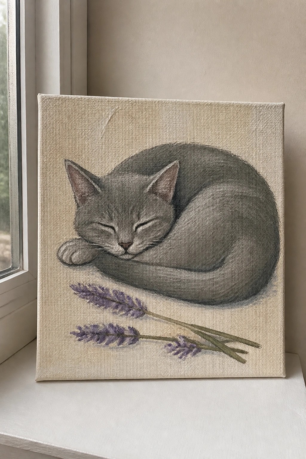 Curled gray cat sleeping beside purple lavender sprigs on canvas