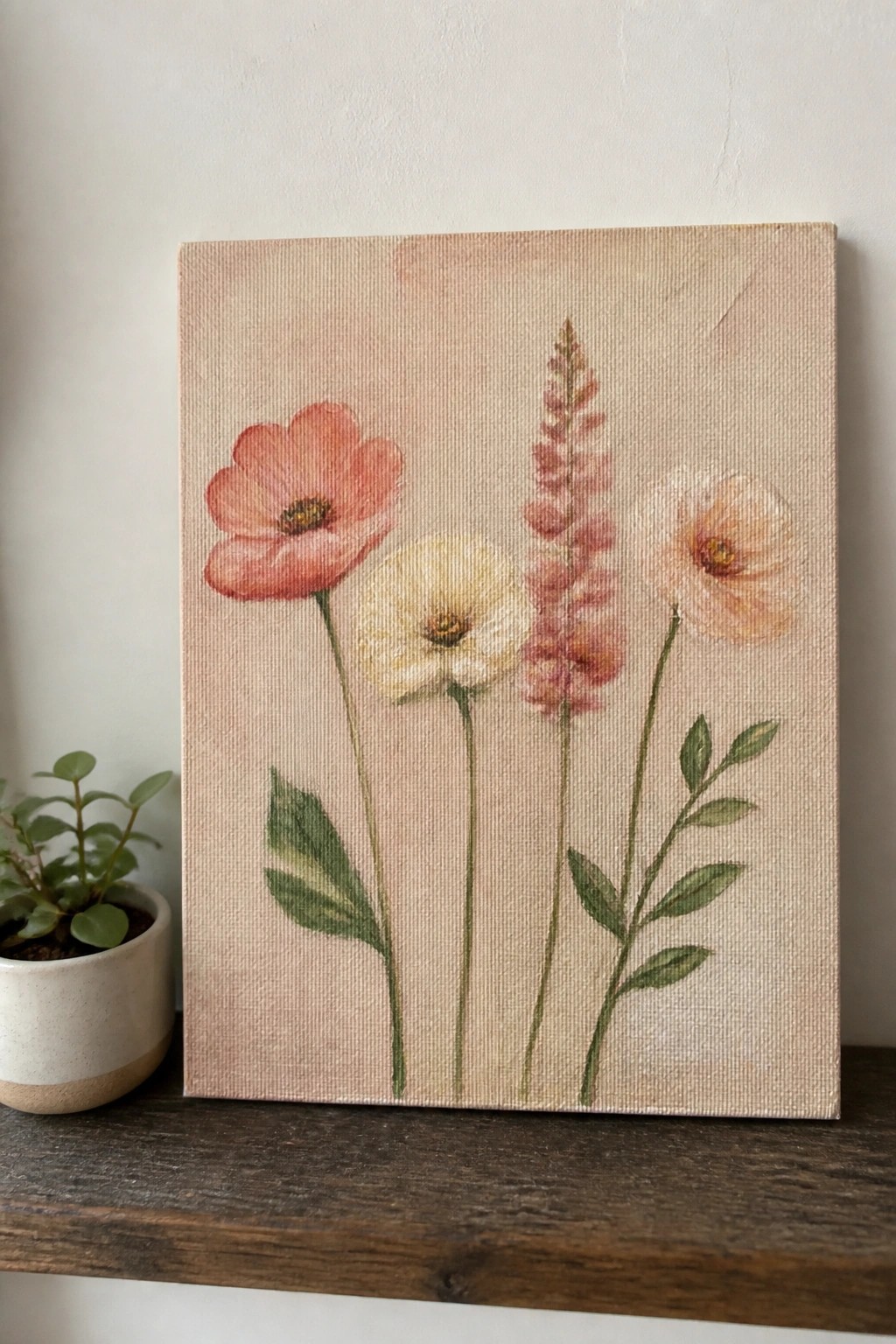 Floral canvas painting with coral, white, peach blooms and green stems on wooden shelf