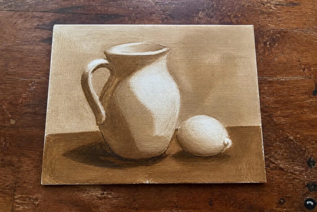 Brown-toned still life painting of pitcher and lemon on wooden table.