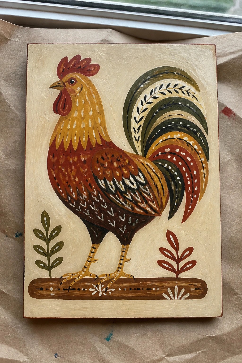 Folk art painting of a colorful rooster with patterned tail on a wooden perch.