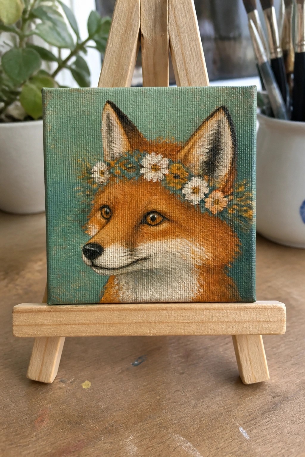 Fox with floral crown painted on small canvas on wooden easel