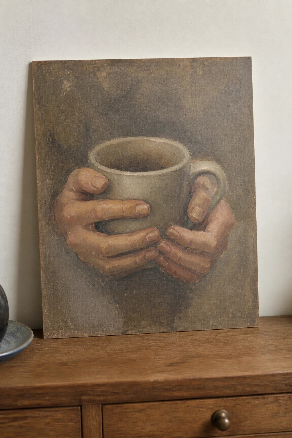 Painting of hands cradling a beige mug on wooden furniture in earthy tones