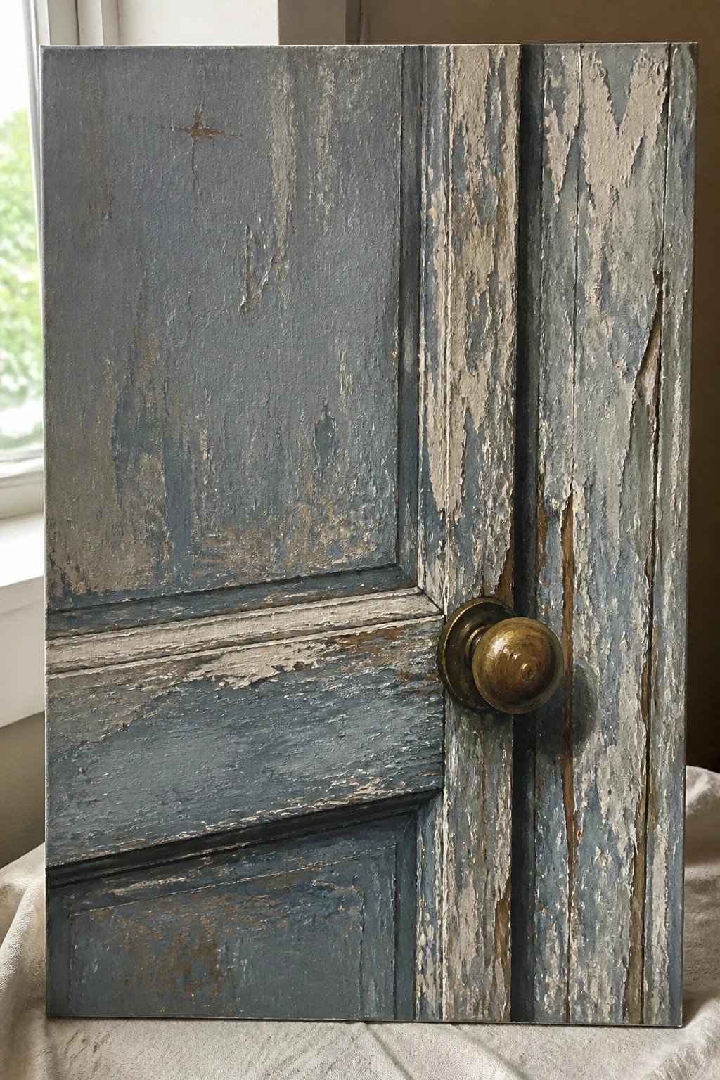 Weathered blue-gray wooden door with peeling paint and brass doorknob.