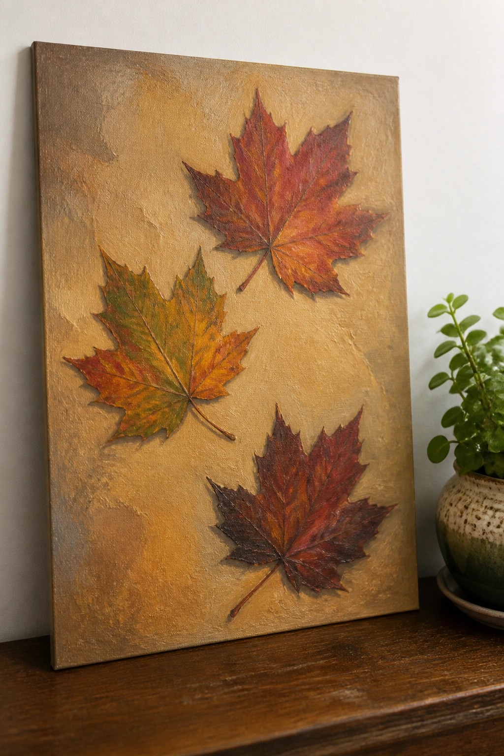 Three autumn maple leaves on textured gold-brown canvas beside a potted plant.