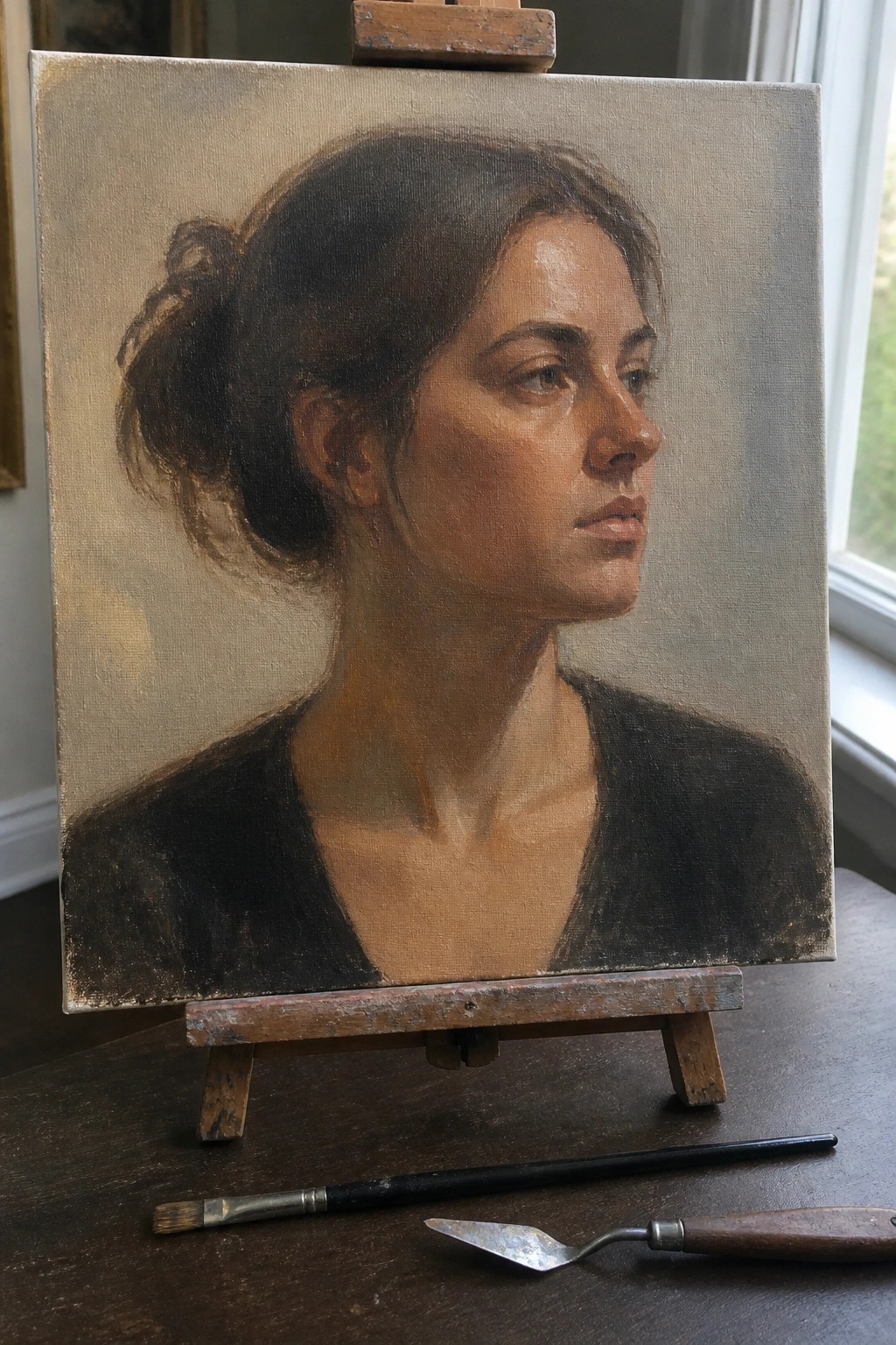 Realistic oil portrait of a woman with dark hair in a bun on an easel with brush and knife.