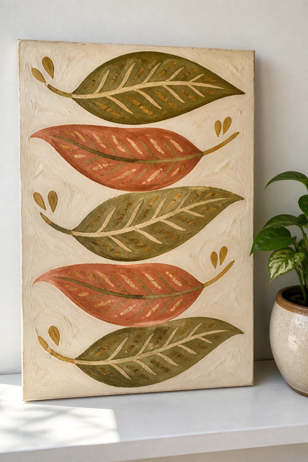 An oil painting of four large stylized leaves stacked vertically in alternating green and red colors on a textured cream background, with a potted plant visible to the right.