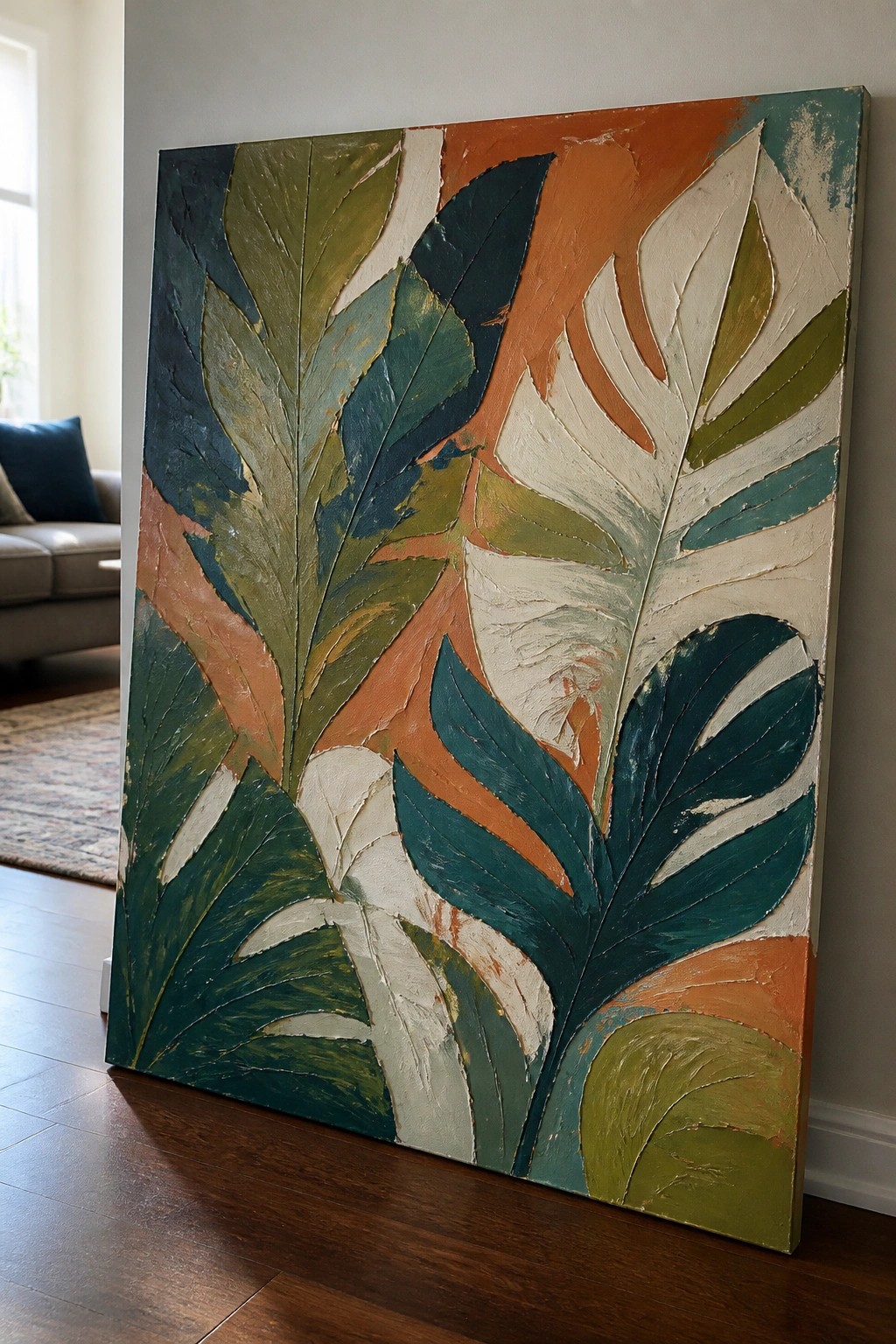 Textured abstract painting with colorful overlapping leaves leaning against living room wall