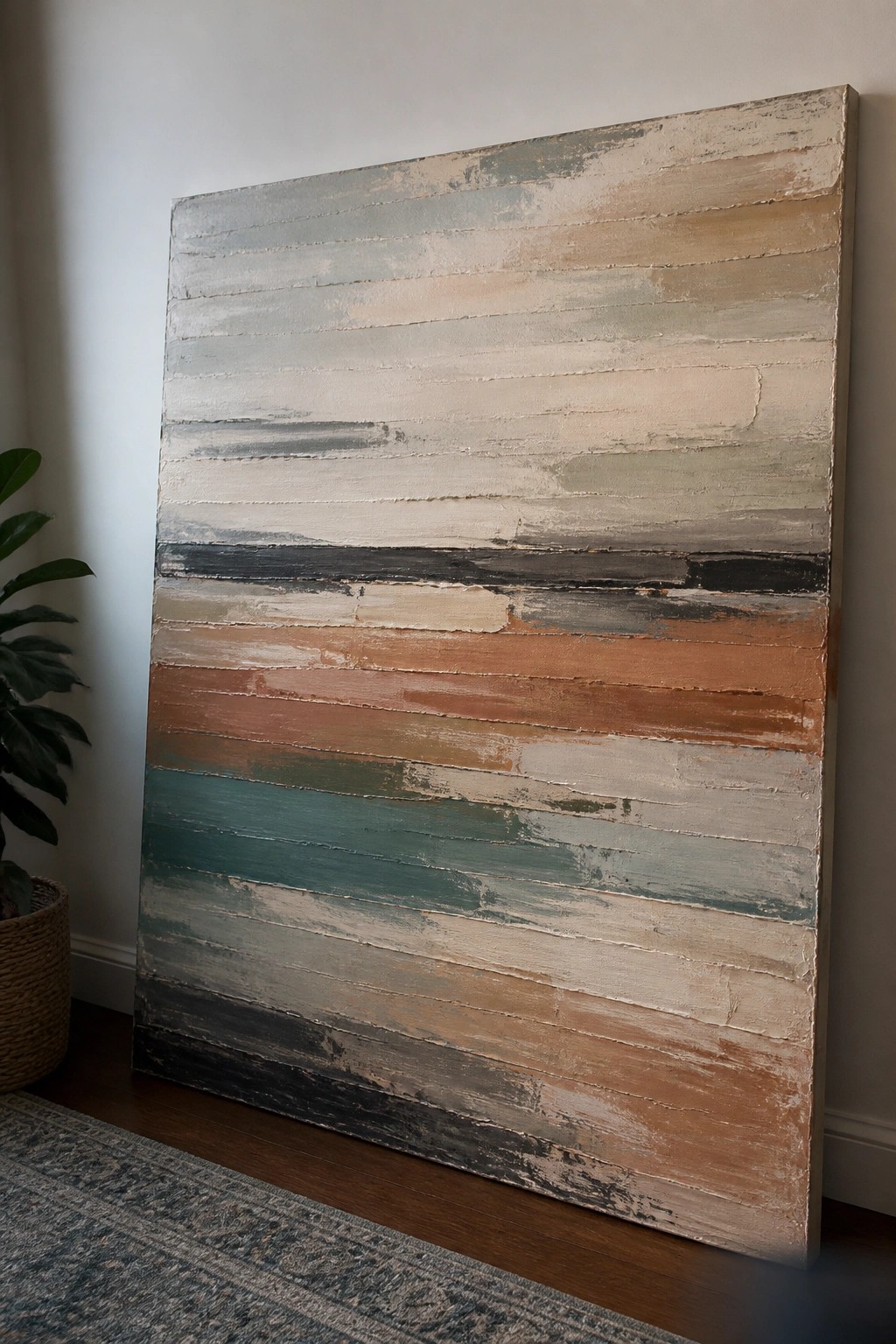 Large abstract painting with textured horizontal stripes in earth tones leaning on wall