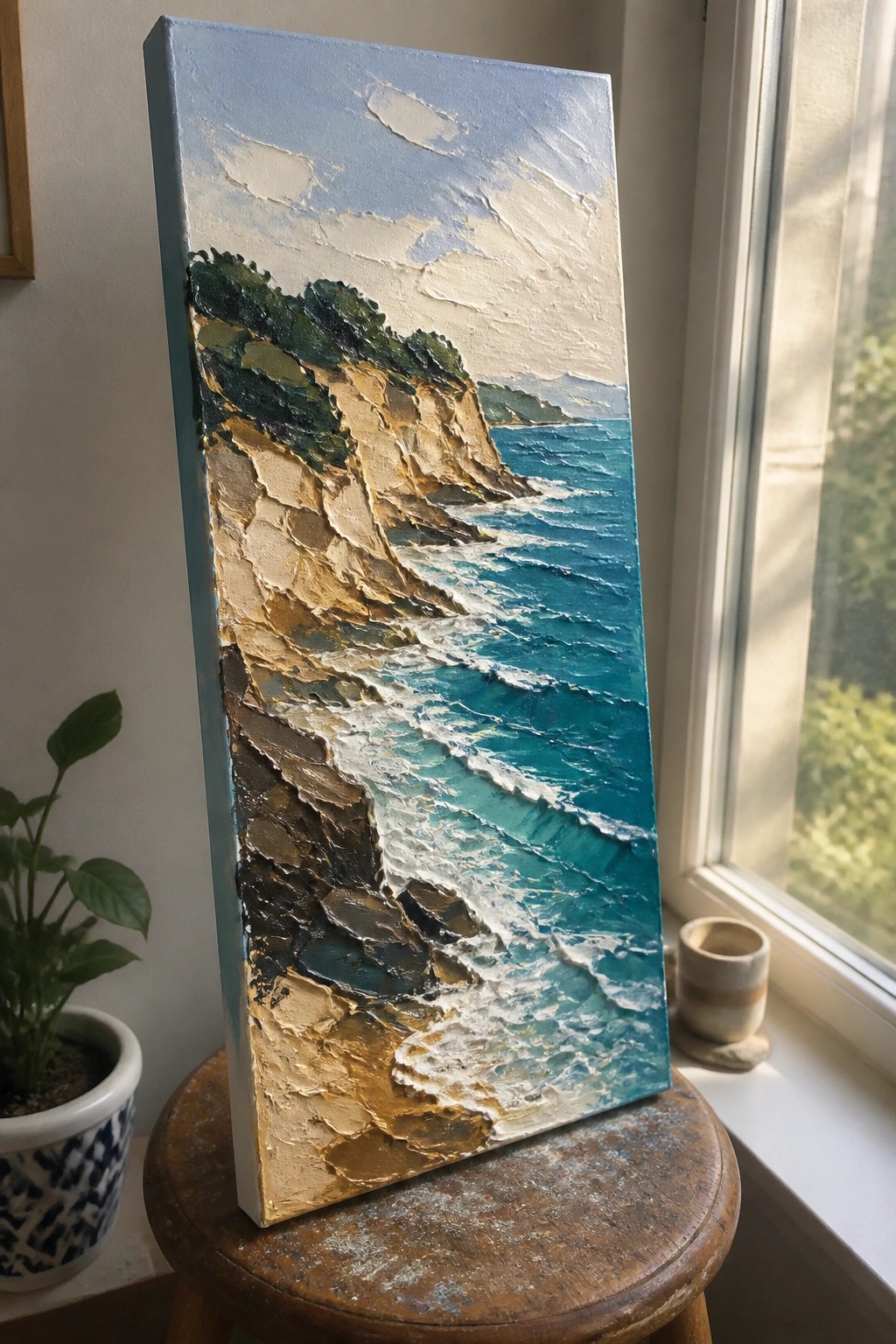 Textured oil painting of rocky cliffs and turquoise waves on wooden stool by window