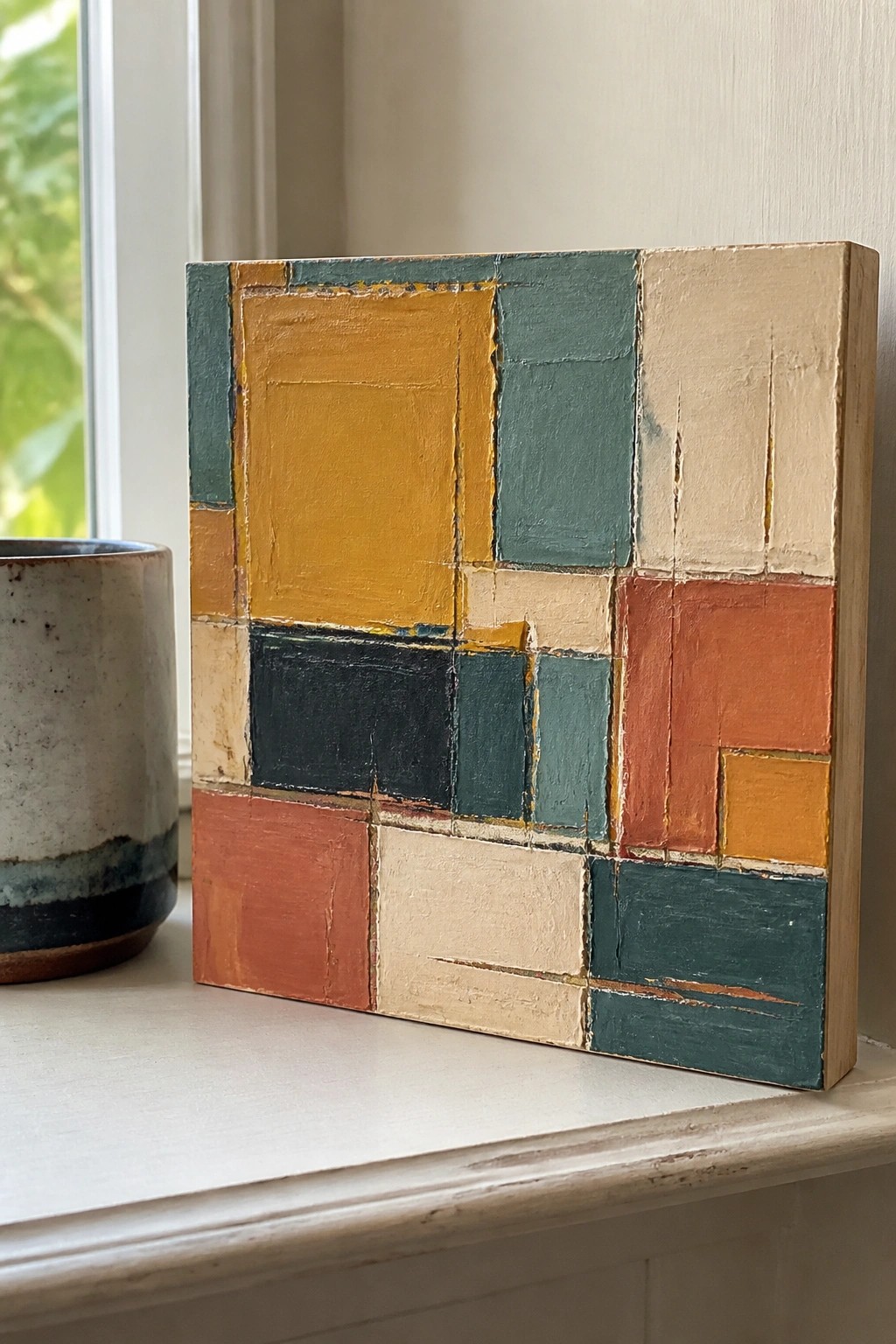 Abstract geometric painting with colorful blocks beside ceramic cup on windowsill.