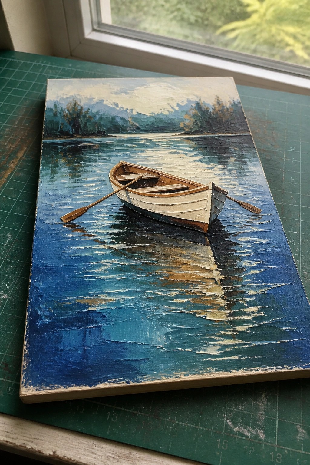 Textured painting of white rowboat with oars on rippled blue water, on green mat by window.
