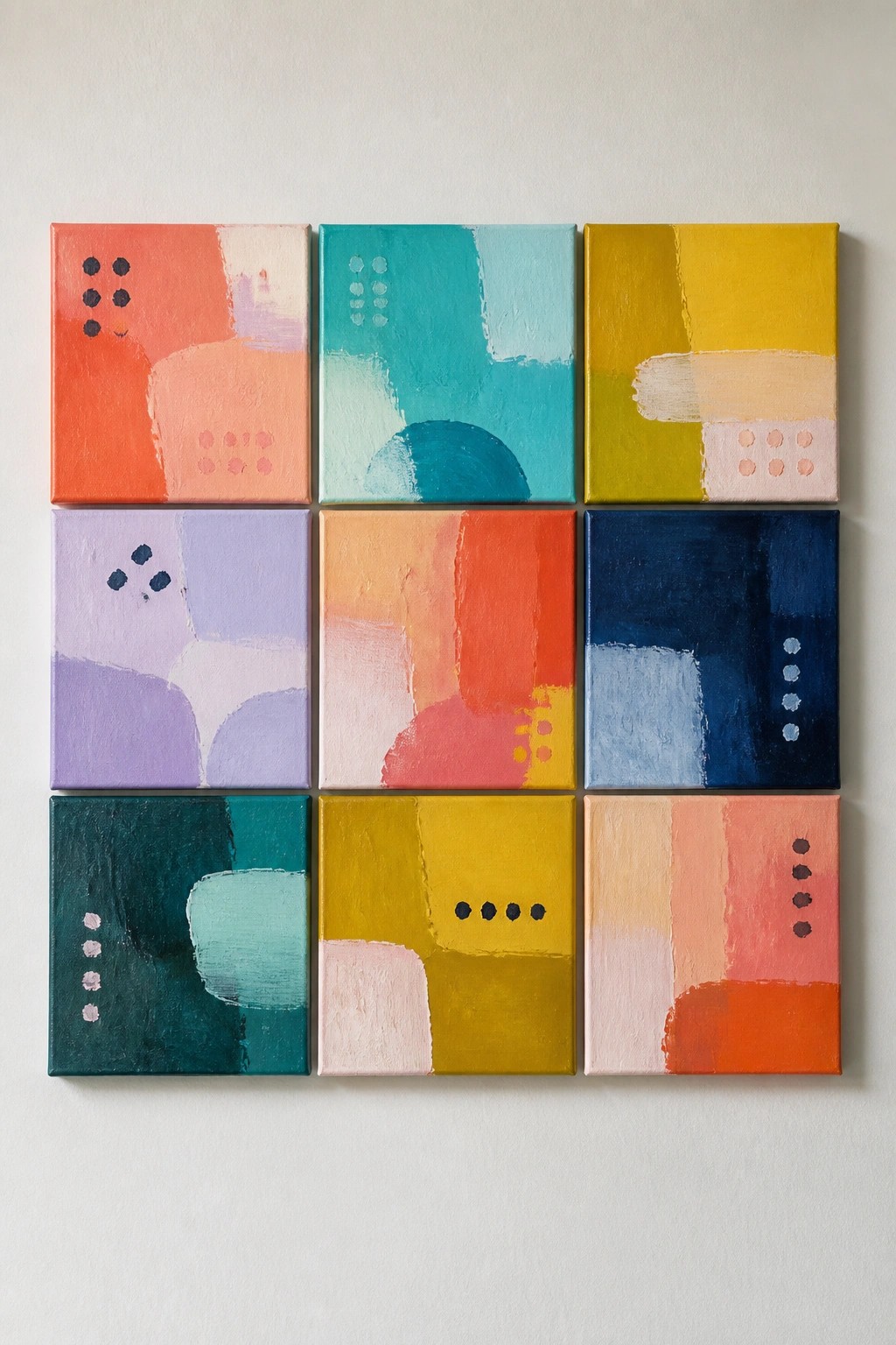 Nine abstract paintings in a 3x3 grid with colorful shapes and dots on a wall.