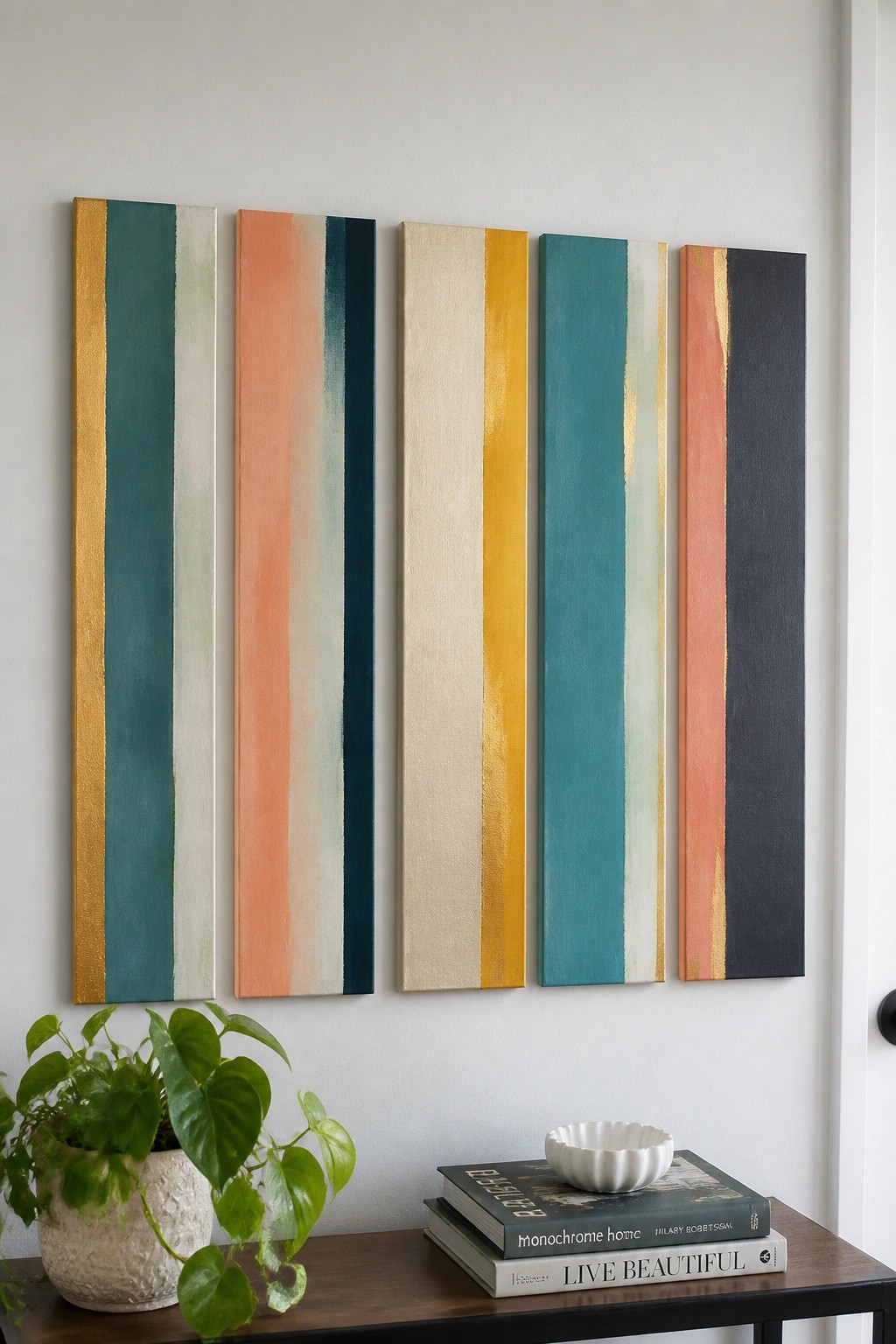 Five colorful abstract striped paintings above table with plant and books