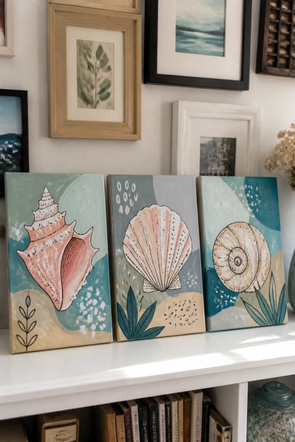 Three painted seashell canvases in blue and pink tones on a white shelf