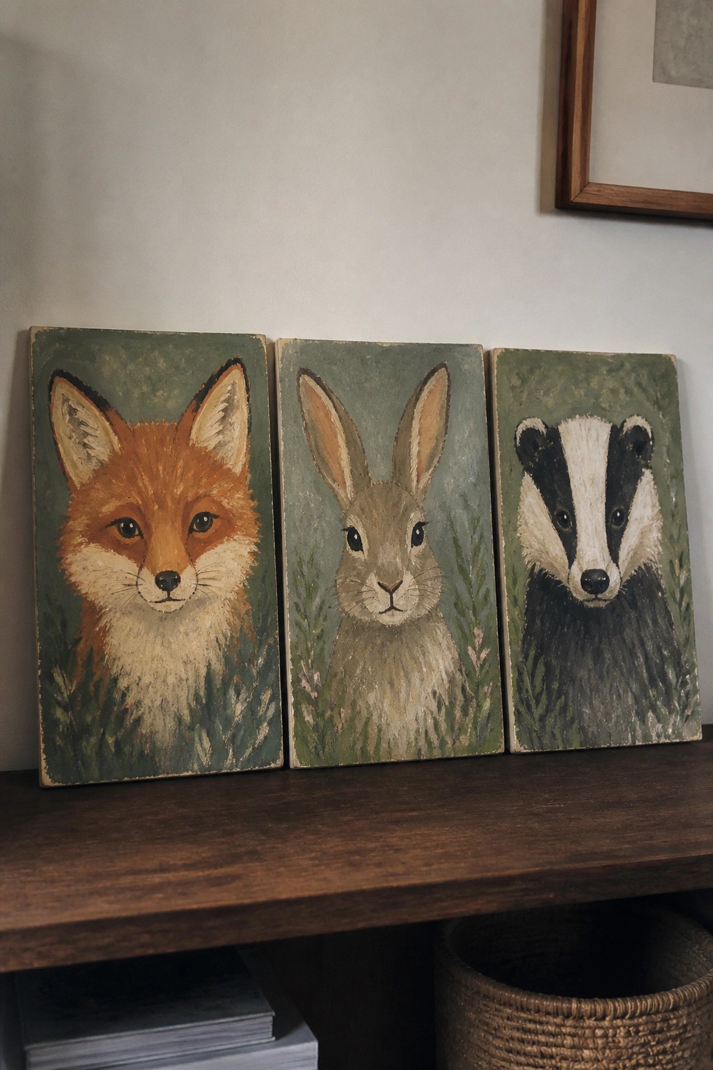 Three wooden panels of fox, rabbit, and badger on a dark shelf.