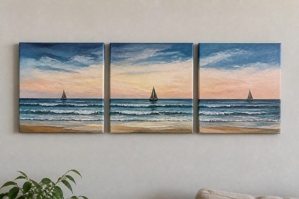22 Polished Canvas Painting Set Ideas for Gallery Wall Arrangements Three paintings of sailboats on the sea at sunset hanging above a couch