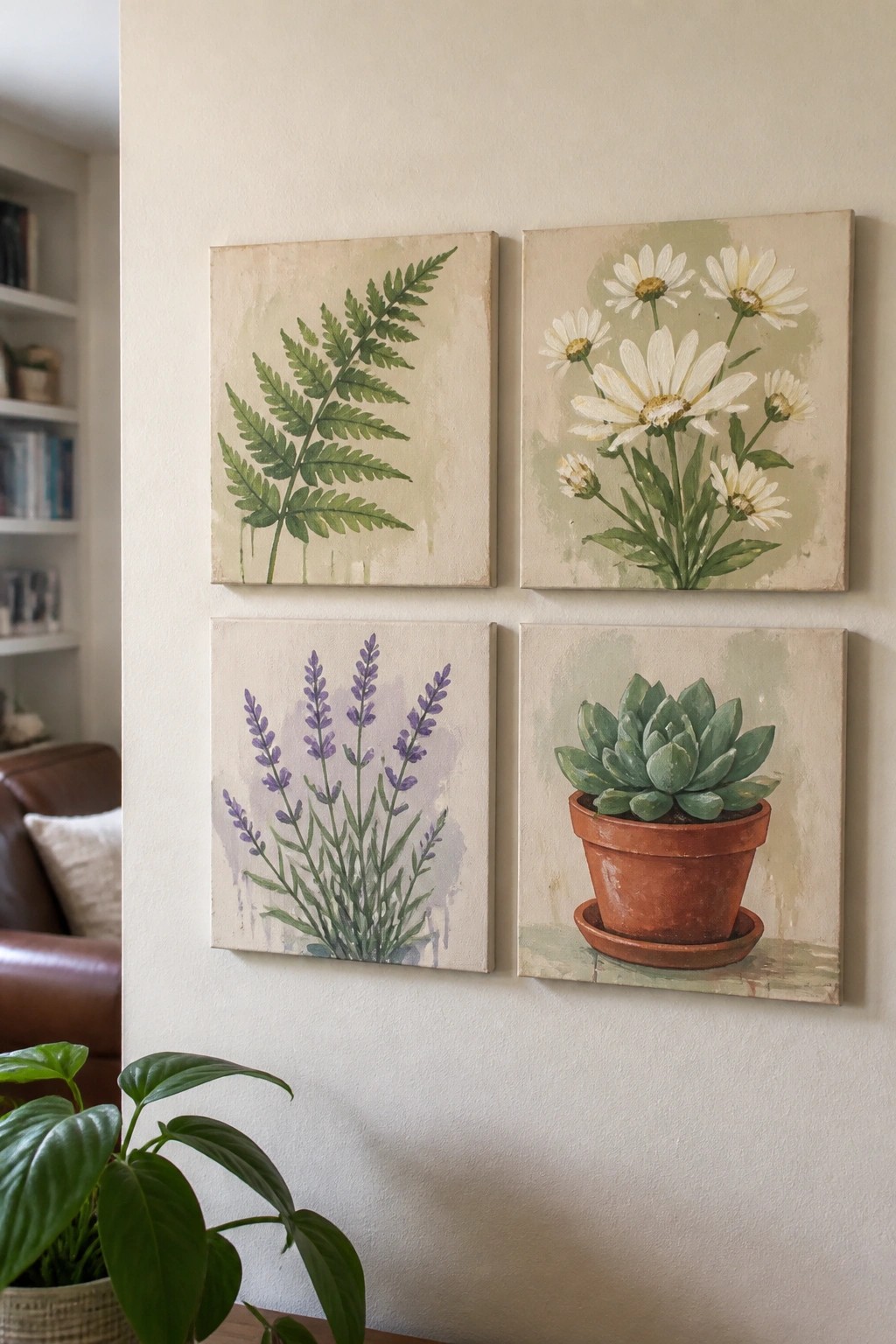 Four square botanical paintings of fern, daisies, lavender, and potted succulent on wall