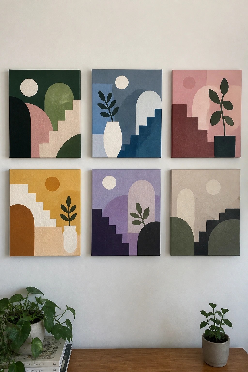 Six colorful abstract paintings with geometric shapes above two potted plants on wood.