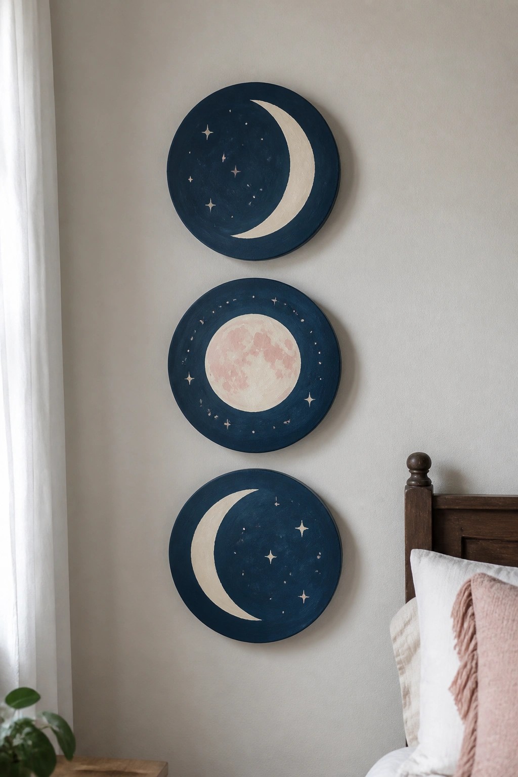 Three moon phase paintings in dark blue with stars above a bed