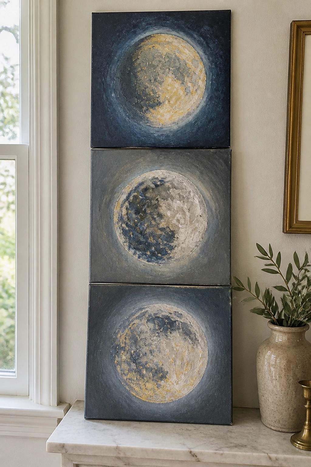 Three stacked abstract moon paintings in blue, gray, and gold on marble ledge
