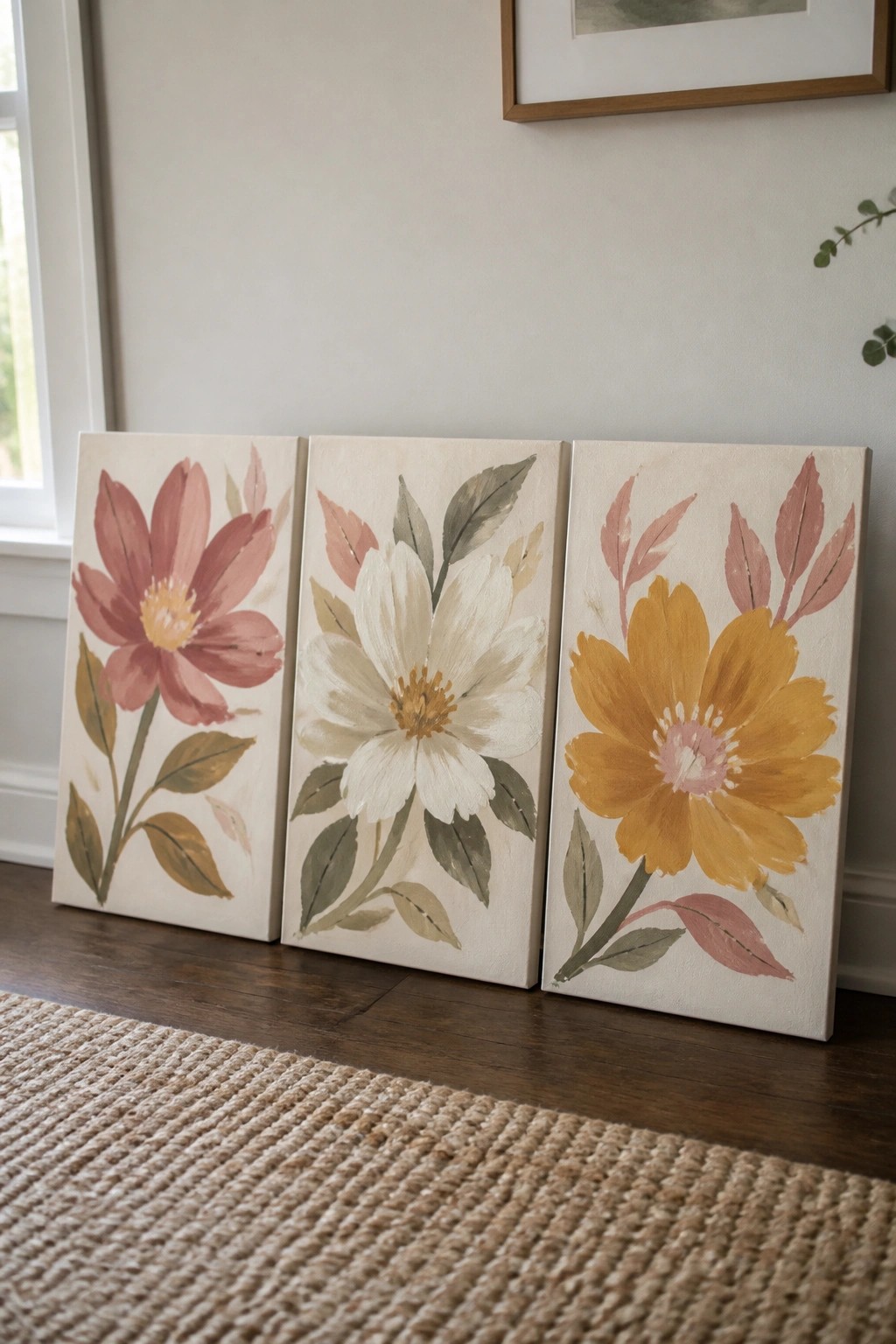 Three floral canvases with red, white, and yellow blooms leaning against a wall.