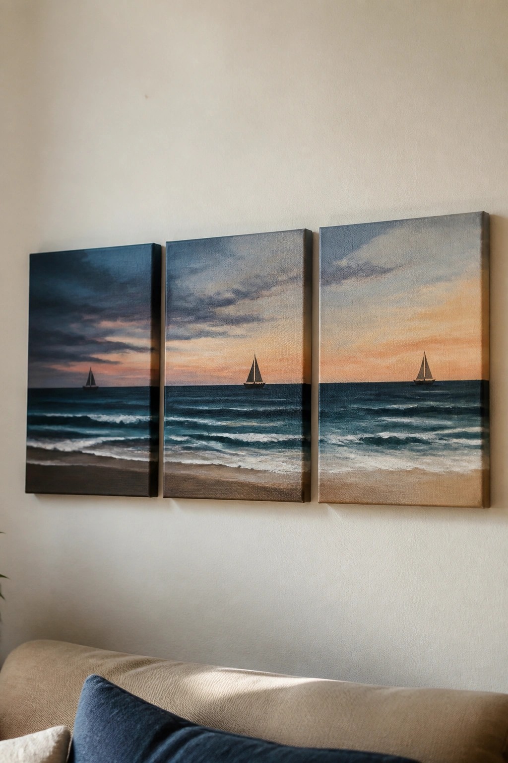 Three paintings of sailboats on the sea at sunset hanging above a couch