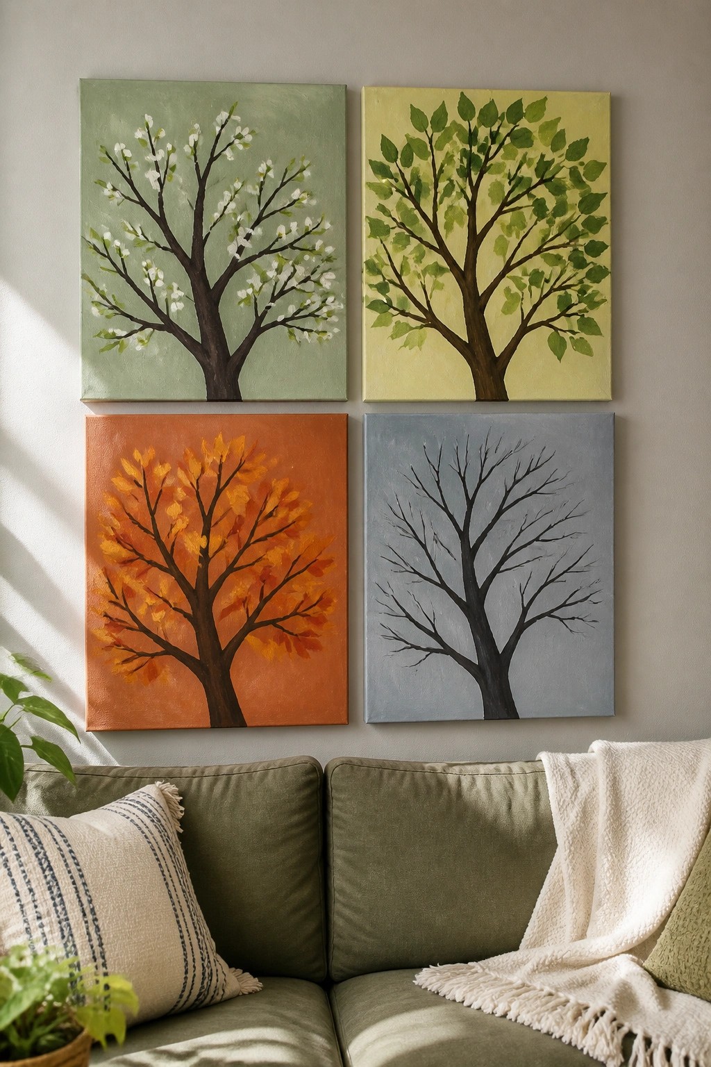 Four seasonal tree paintings hang above a green couch with pillows and blanket.