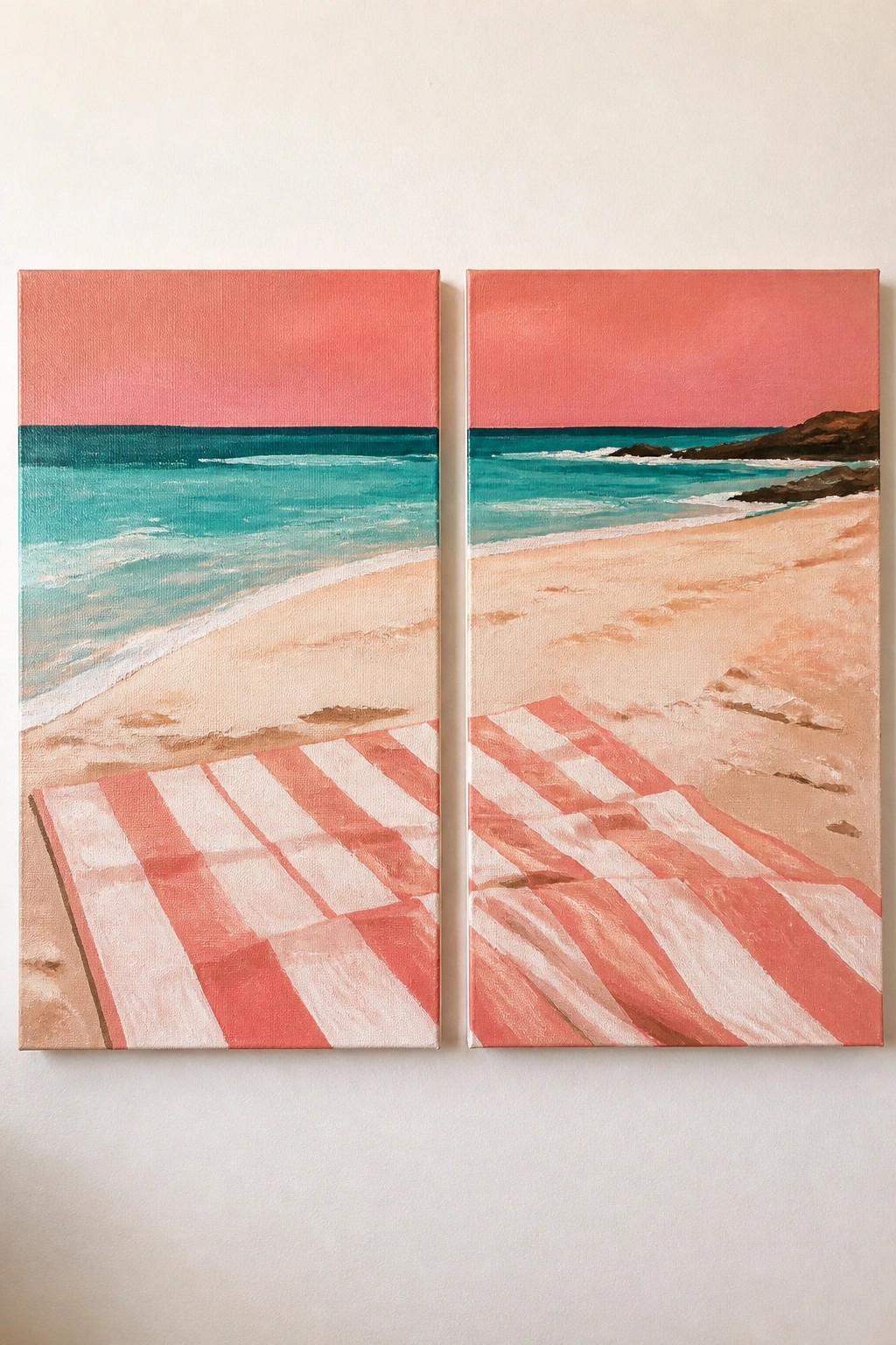 Two side-by-side beach paintings with pink skies, turquoise waves, and striped towels.