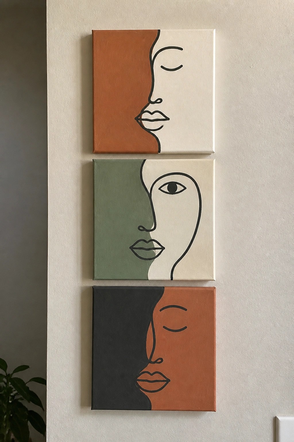 Three abstract canvas paintings of two-toned faces hanging vertically on a wall.