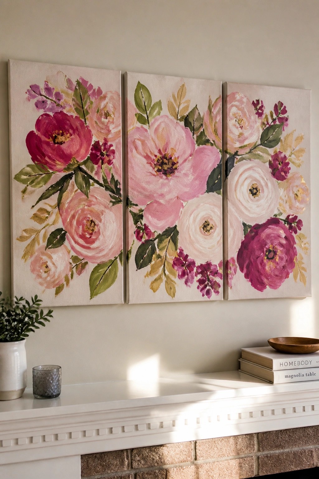 Three canvas panels showing pink and magenta flowers with green leaves above a white mantel.